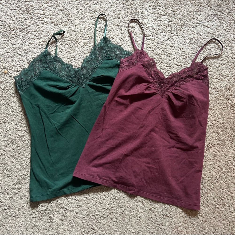 NWOT Old Navy Lace Trim Cami Tank Tops — Emerald Green & Wine Medium